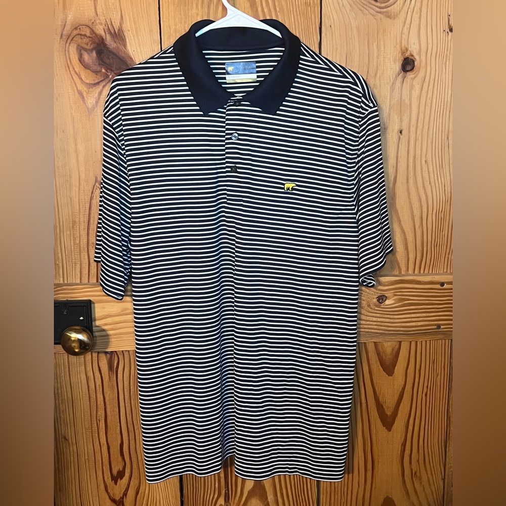 Jack Nicklaus Navy and White Striped Polo Shirt with Logo - Large